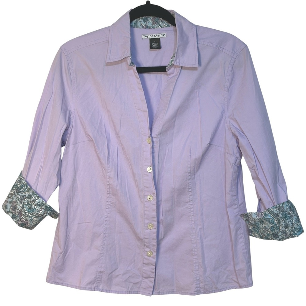 Taylor‎ Marc Blouse Lilac Purple 3/4 Sleeve Button Down Shirt Paisley Trim L
